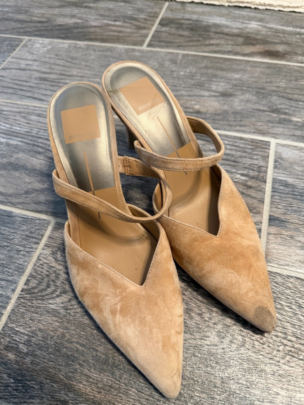 Dolce Vita Pointed Toe Suede Mule Heels in Camel
